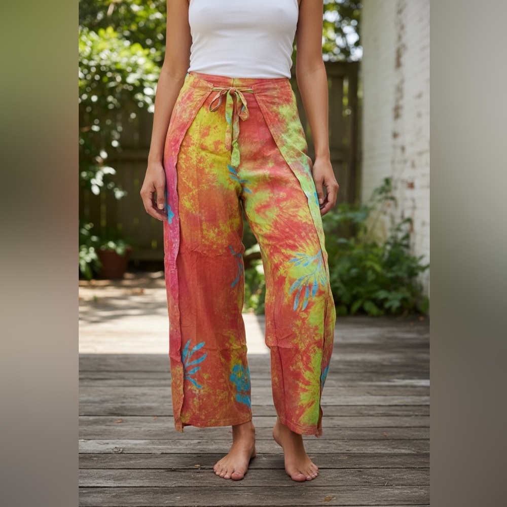 Gorgeous wrap pants in rainbow tie dye